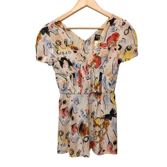 Vintage Chanel Boutique Spring Print 90s Blouse Multicolor Peplum 100% Silk